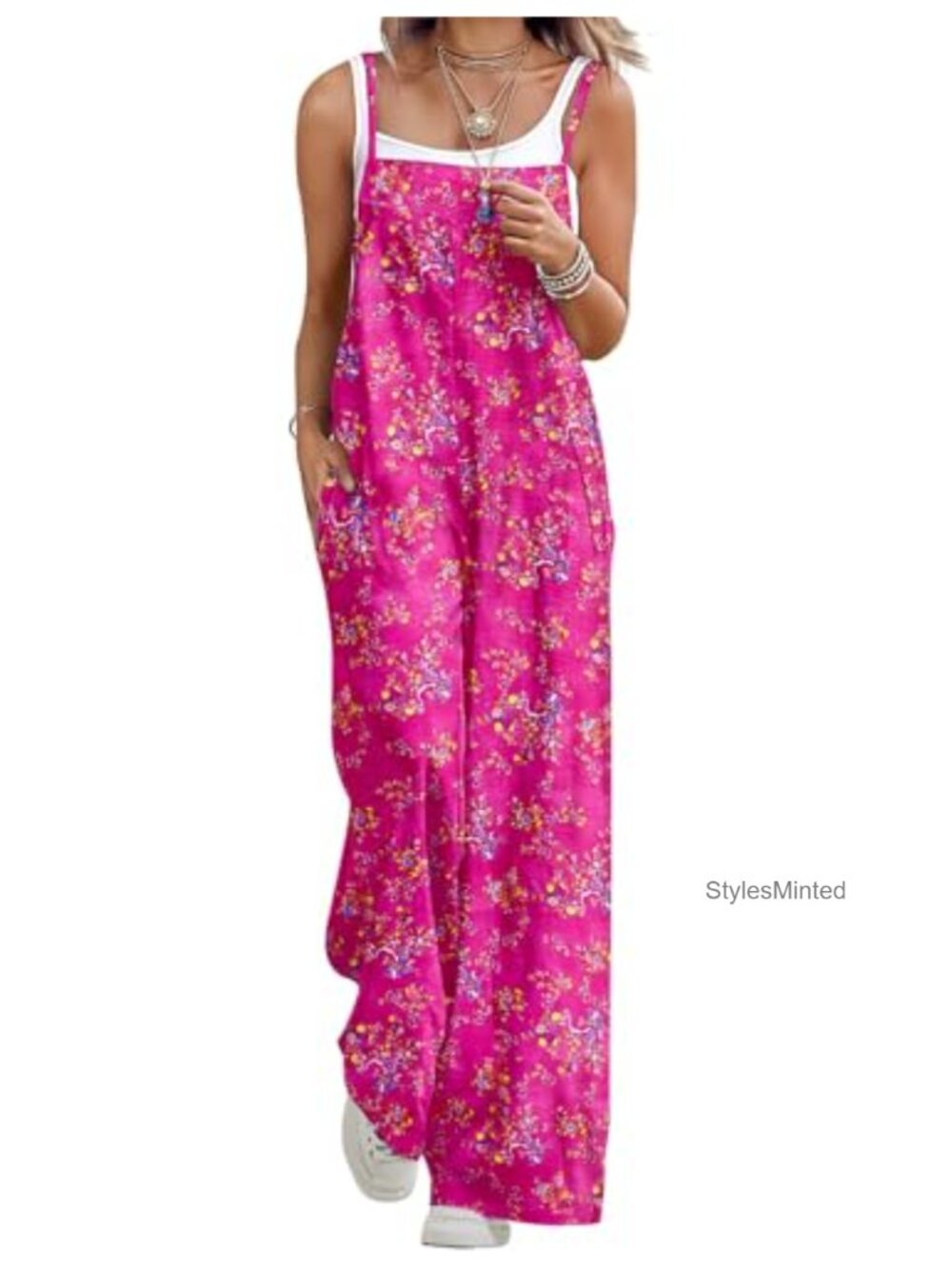 Boho Wide Leg Overalls Sleeveless Jumpsuit Adjustable Straps Pockets